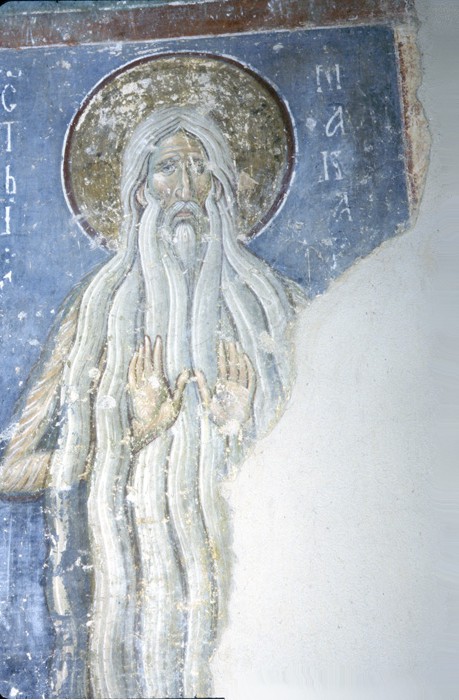 MANASTIR_MILESEVA_Fresco, narthex, west wall showing Macarius of Egypt.jpg (100229 bytes)