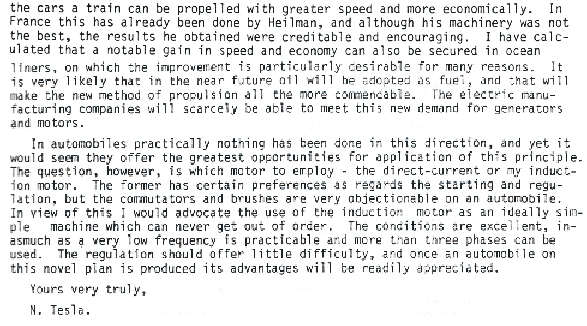 NIKOLA TESLA LETTER ABOUT ELECTRIC CAR